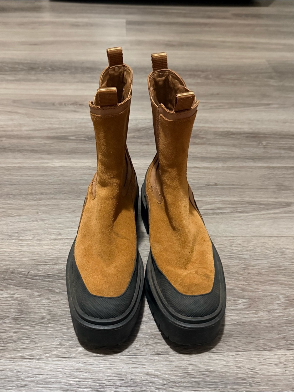 Sam Edelman Tan Suede Chelsea Boots with Black Platform Sole